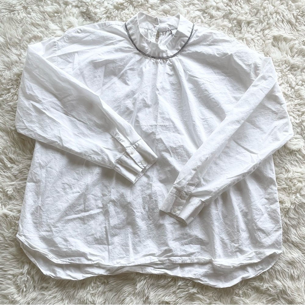 ZARA White Poplin Rhinestone Collar Blouse